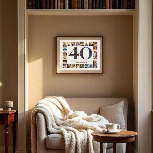 Mountain-range shaped '40' with travel quotes and space for destination photos, using earthy color palette