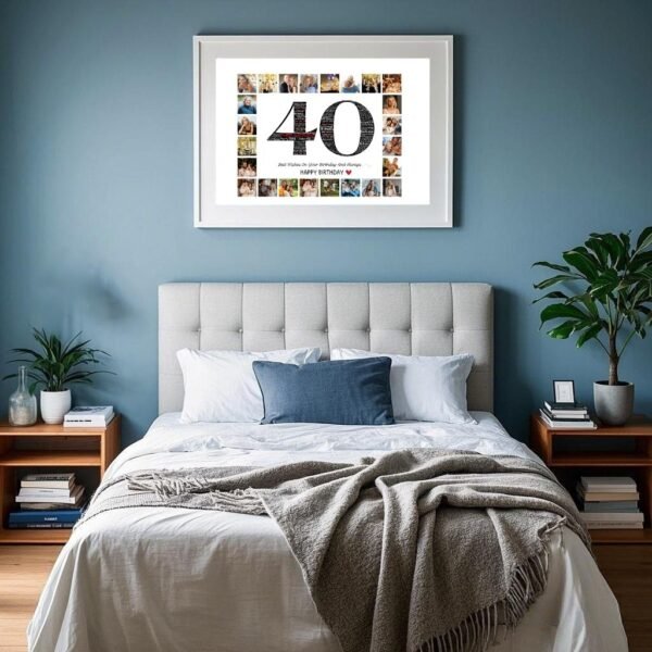 Tree-shaped '40' word cloud showing family growth from 1985 to 2025 with branch photo holders.