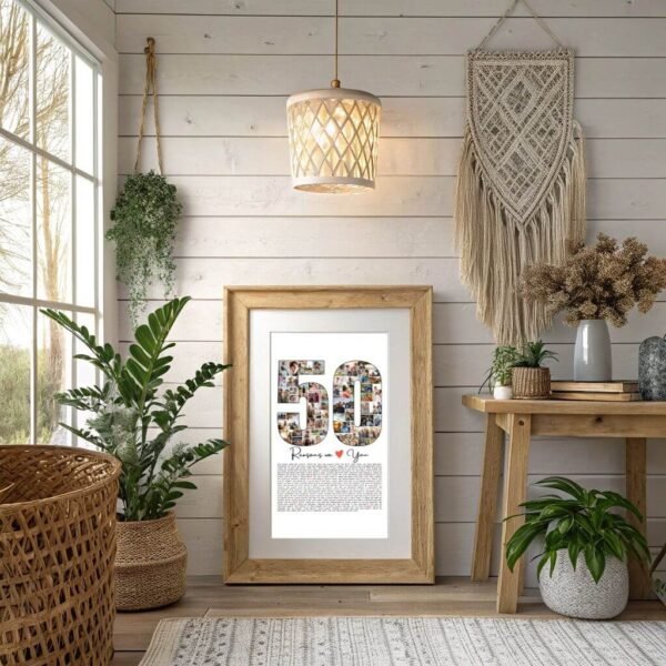 50th Birthday Gift Collage for Women - Floral & Glitter Design, 50 Reasons & Photo Frames