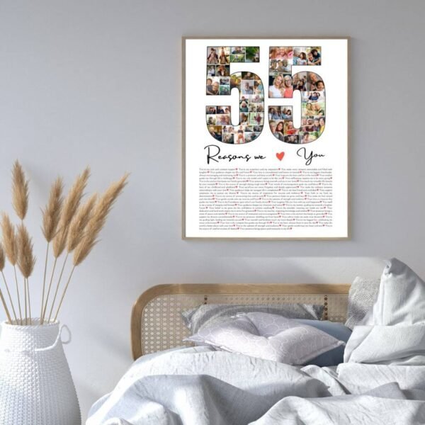 55th Birthday Collage for Women - Floral & Pearl Design with 55 Reasons & Photo Frames