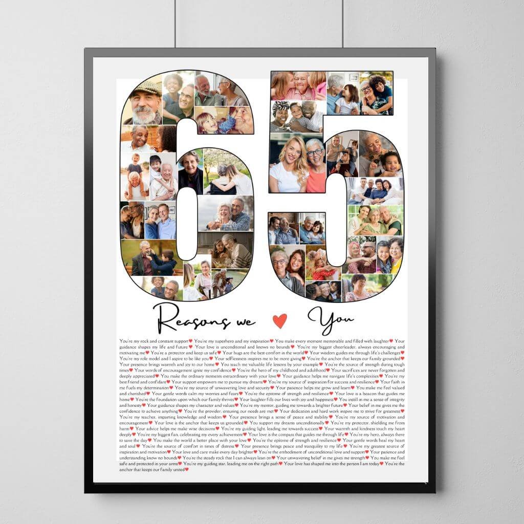 Elegant 65th Birthday Collage for Her - Gold & Lace Design with 60+5 Bonus Reasons