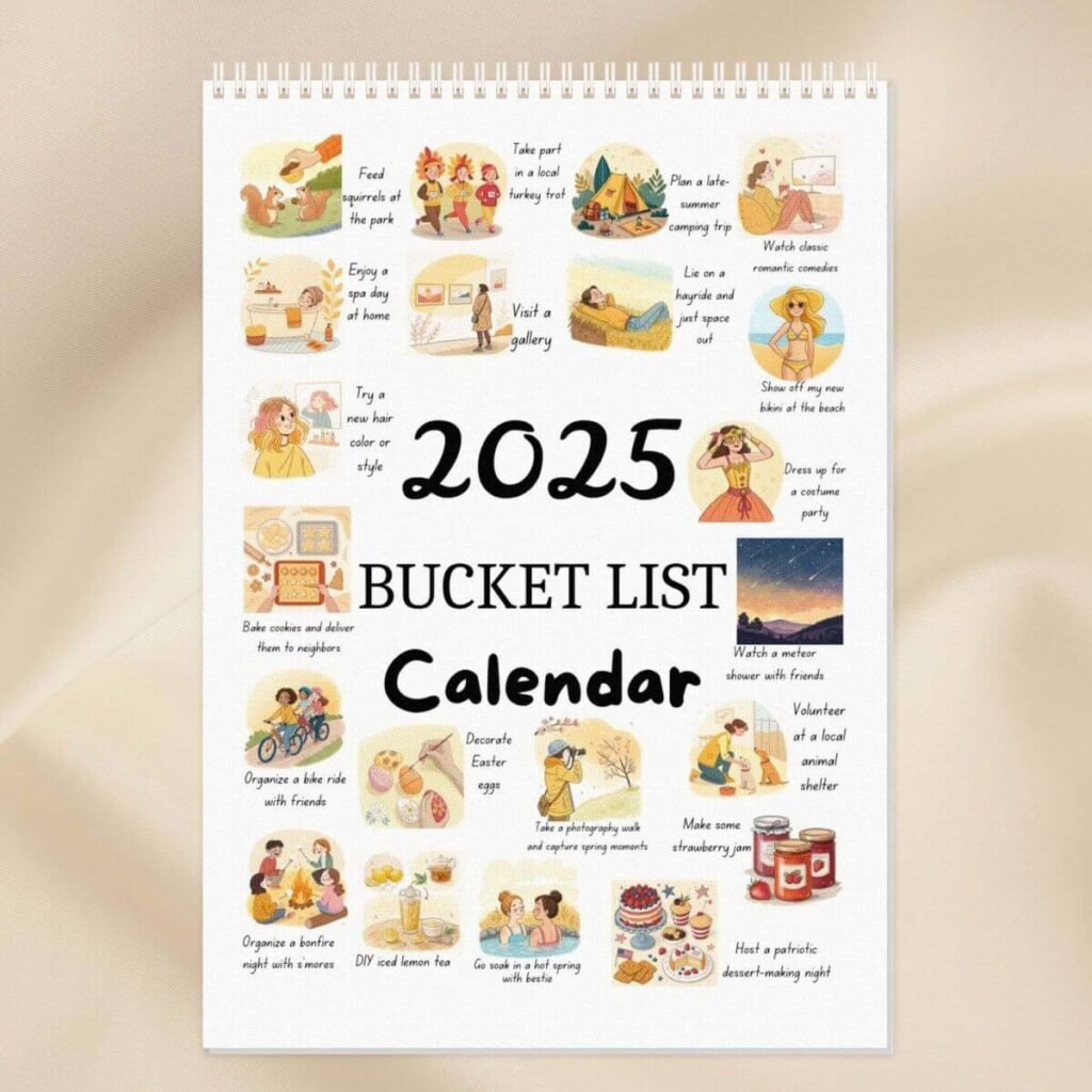 Open linen gift box showing self-care bucket list journal, sticker sheets, and ribbon, surrounded by plants and coffee mug.