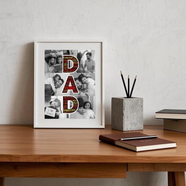 Modern desk frame displaying minimalist Daddy word art collage with ‘My Hero’ text