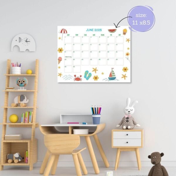 July 2025 printable calendar featuring sandcastles, sun hats, and rainbow popsicles for summer vacation planning.