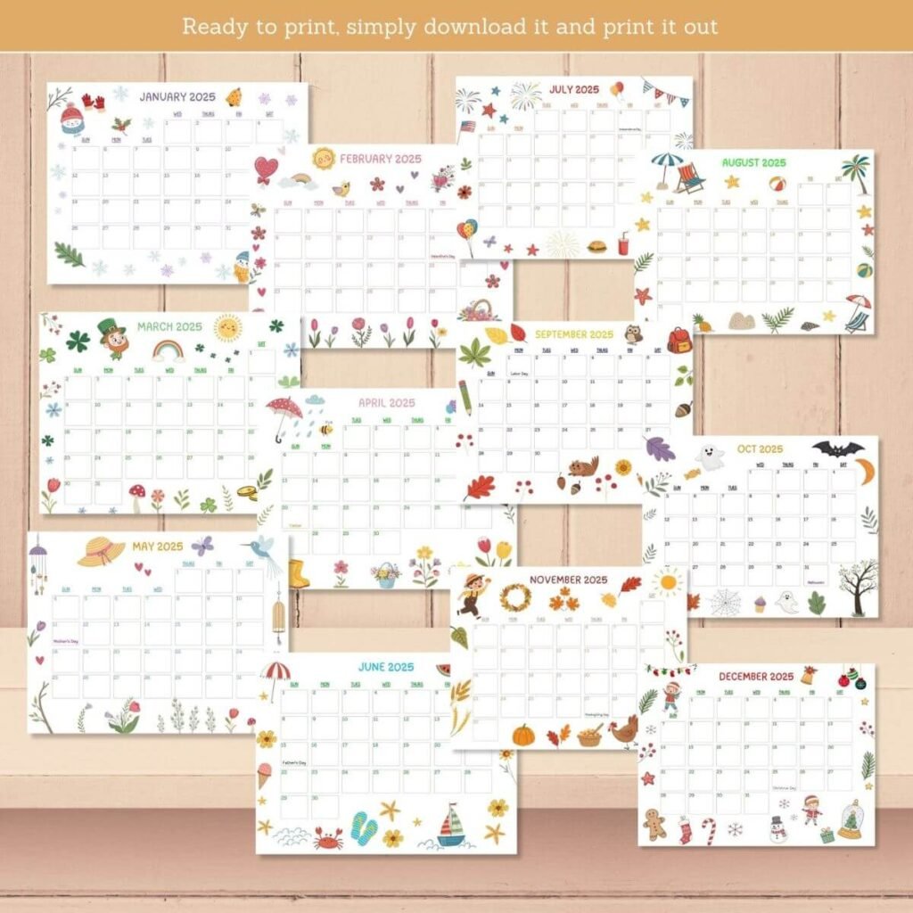 March 2025 educational calendar with rabbits, raindrops, and pastel flowers for kindergarten activities.
