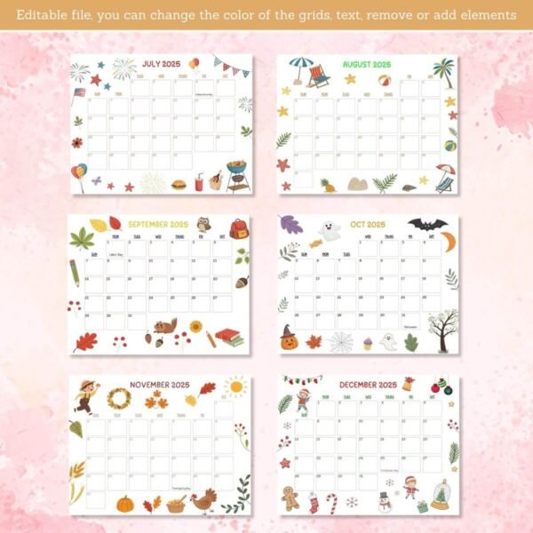 Christmas-themed December 2025 calendar with countdown stickers, reindeer, and gift icons.