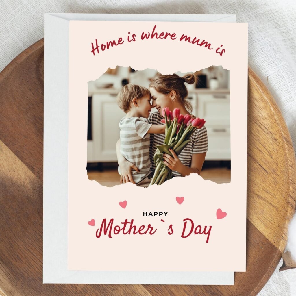 Custom Mother's Day card with 'HOME IS WHERE MUM IS' text and pink hearts around torn paper frame