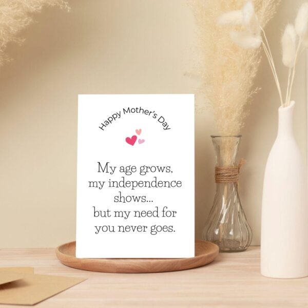Custom Mother's Day card with pink heart design and 'My need for you never goes' poem