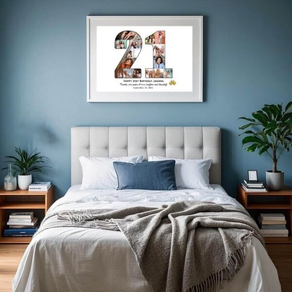 Modern wall art above bed frame. Perfect gift for daughter turning 21. ​​Easy Canva edit.​​