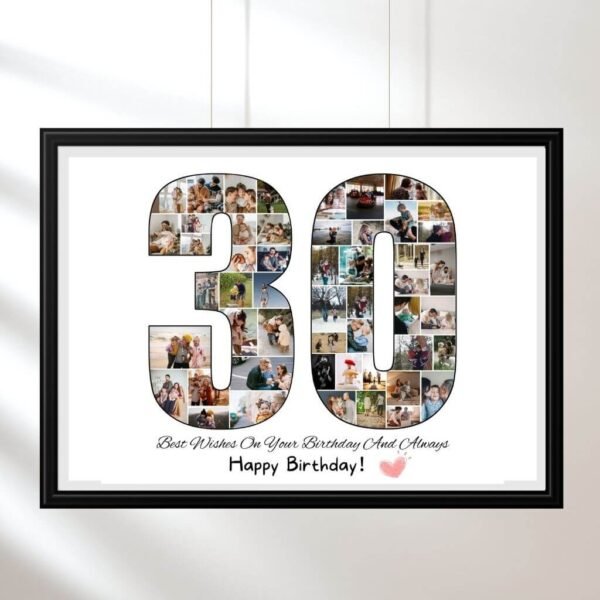 Elegant "30" collage for living room decor. Personalized gift for husband or wife. Prime decade celebration centerpiece.