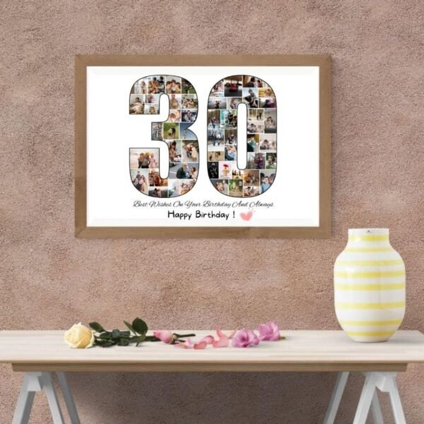 Framed "30" in yoga/reading nook. Empowered woman self-gift. Solo celebration decor.