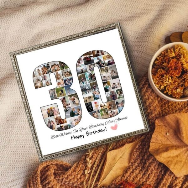 Multi-generation photos in "30" shape. Reunion gift from parents or siblings. Heirloom tribute art.