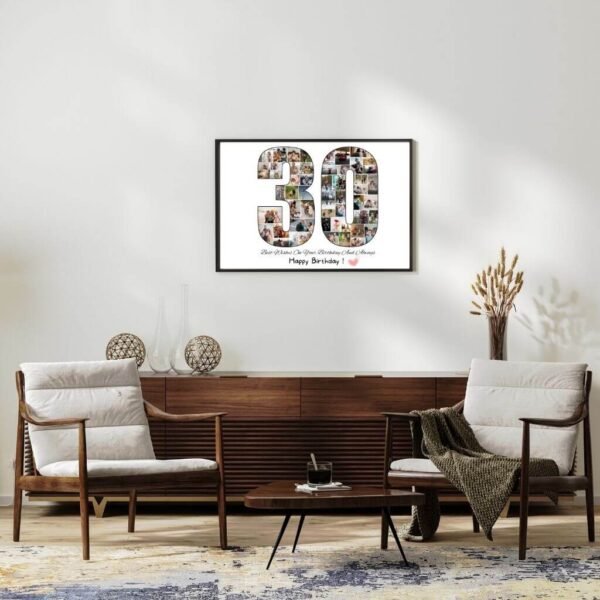 Framed collage beside promotion award. Corporate gift for colleagues. Professional prime years display.