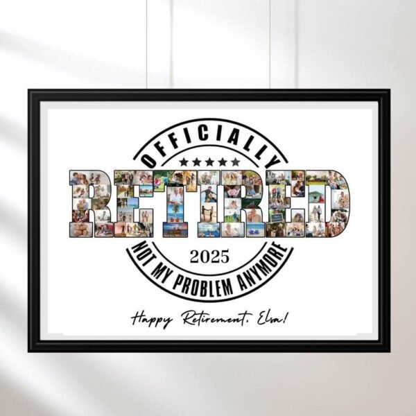 "OFFICIALLY RETIRED" photo collage. Edit all text: career/year/name. ​​Leaving job gift for men or women.​​