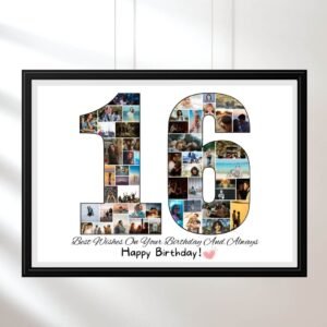 Minimalist number-shaped collage. ​​Personalize name & date in Canva - becomes framable when printed. Gift for daughters. CW-BD16​​