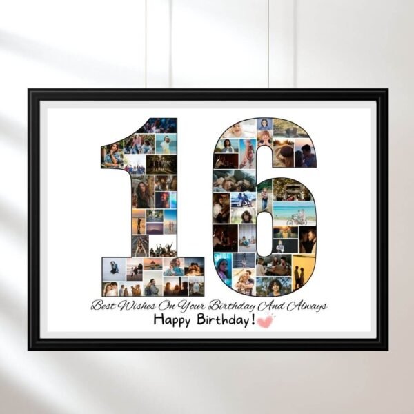 Minimalist number-shaped collage. ​​Personalize name & date in Canva - becomes framable when printed. Gift for daughters. CW-BD16​​